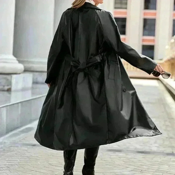 Black Casual Women's Lapel Neck Double Breasted Belted Pu Leather Coat - Picture 2 of 7